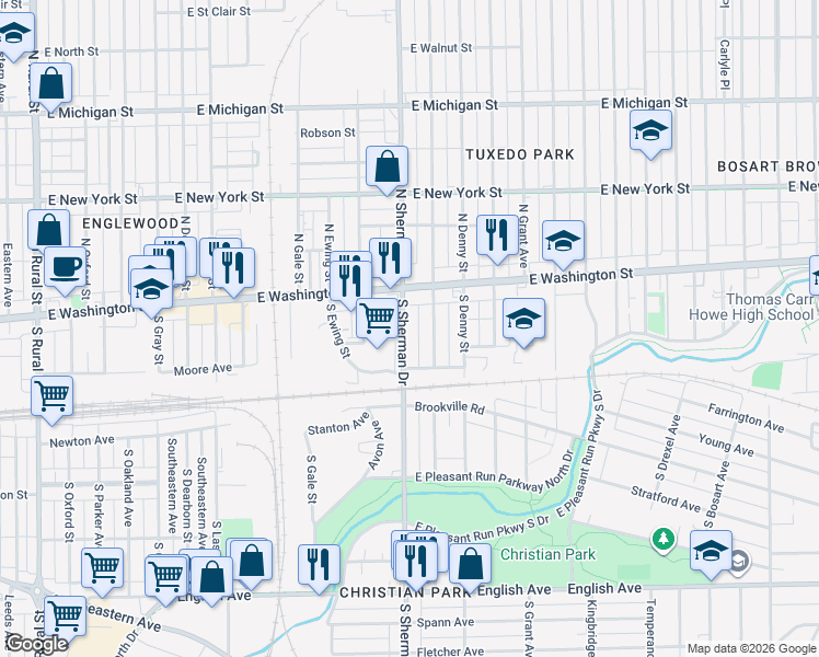 map of restaurants, bars, coffee shops, grocery stores, and more near 35 North Sherman Drive in Indianapolis