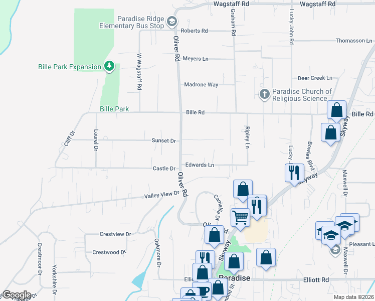 map of restaurants, bars, coffee shops, grocery stores, and more near 661 Baker Drive in Paradise