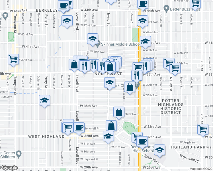 map of restaurants, bars, coffee shops, grocery stores, and more near 3725 Irving Street in Denver