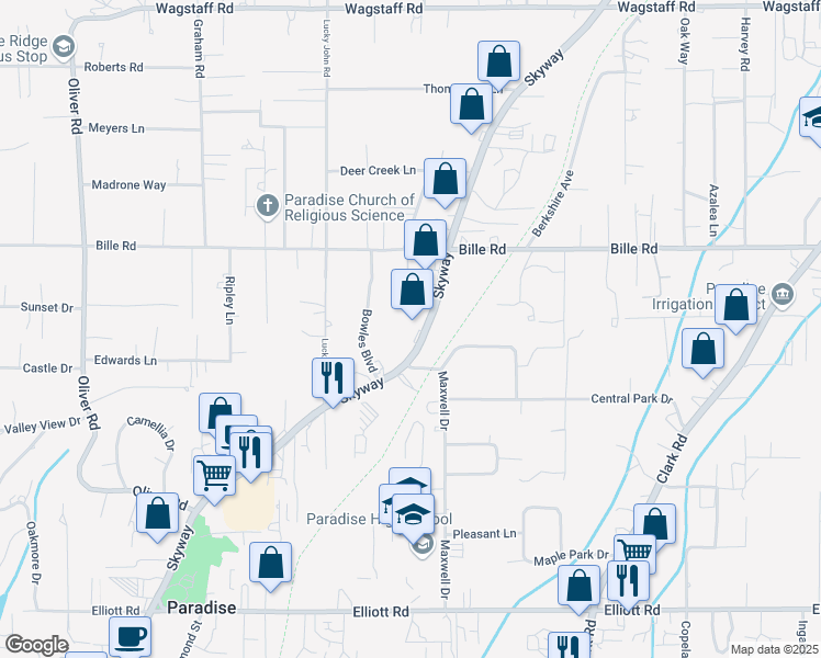 map of restaurants, bars, coffee shops, grocery stores, and more near 7409 Skyway in Paradise