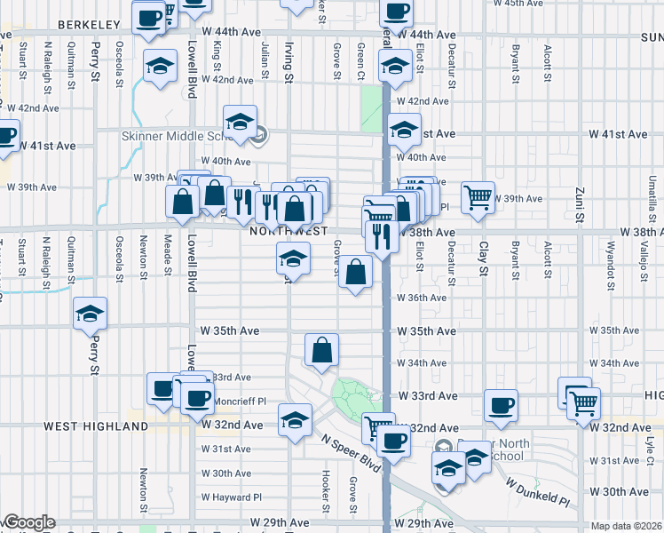 map of restaurants, bars, coffee shops, grocery stores, and more near 3725 Grove Street in Denver