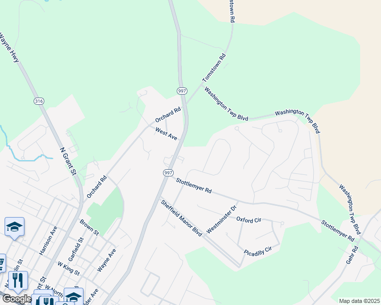 map of restaurants, bars, coffee shops, grocery stores, and more near 11354 Anthony Highway in Waynesboro