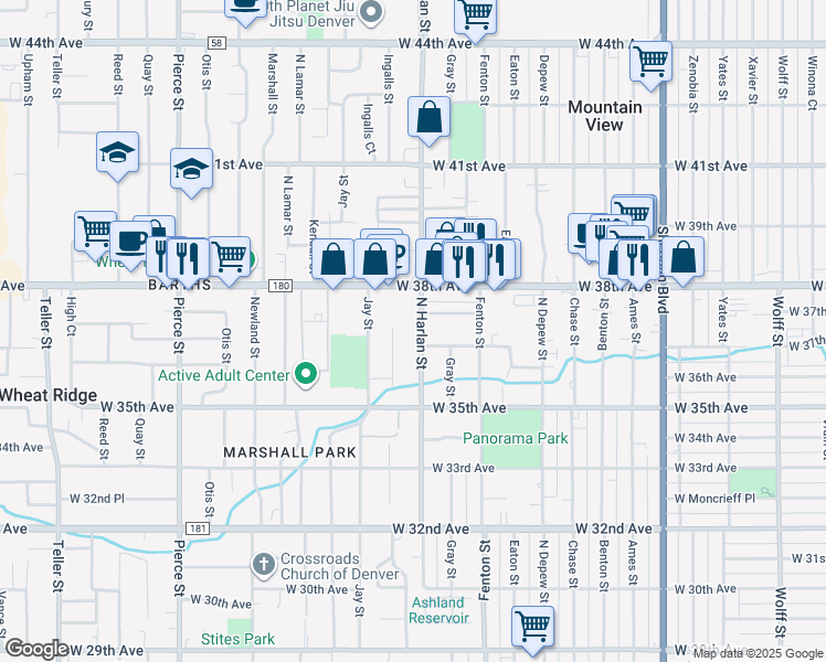 map of restaurants, bars, coffee shops, grocery stores, and more near 3715 North Harlan Street in Wheat Ridge