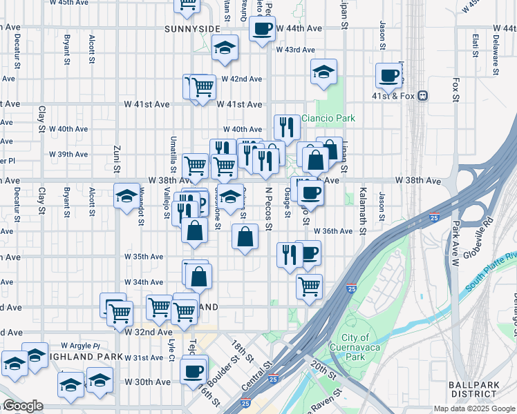 map of restaurants, bars, coffee shops, grocery stores, and more near 1750 West 37th Avenue in Denver