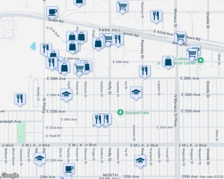 map of restaurants, bars, coffee shops, grocery stores, and more near 3630 Holly Street in Denver