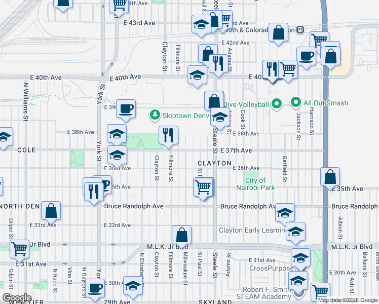 map of restaurants, bars, coffee shops, grocery stores, and more near 3660 Milwaukee Street in Denver
