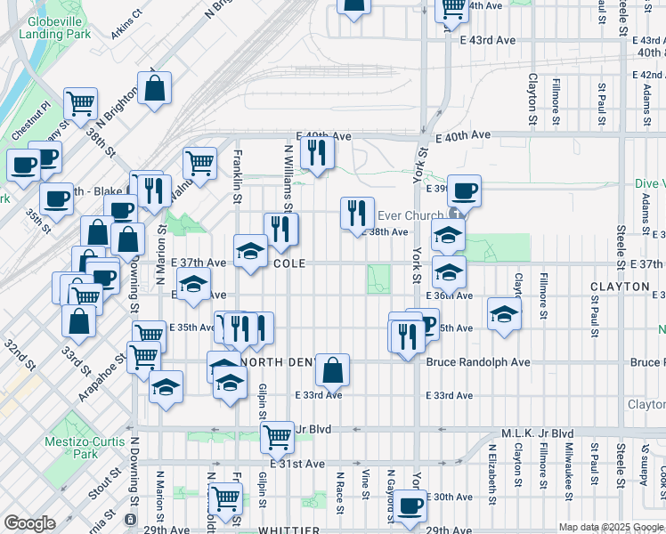 map of restaurants, bars, coffee shops, grocery stores, and more near 3693 Race Street in Denver
