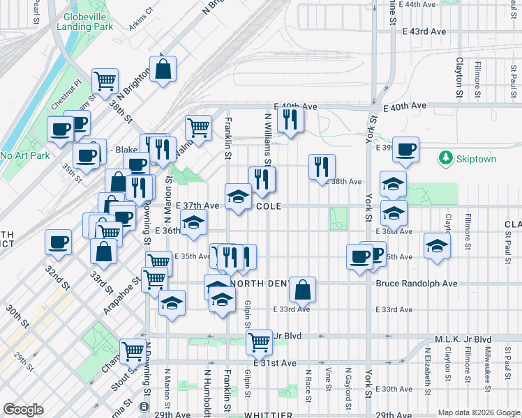 map of restaurants, bars, coffee shops, grocery stores, and more near 1725 East 37th Avenue in Denver