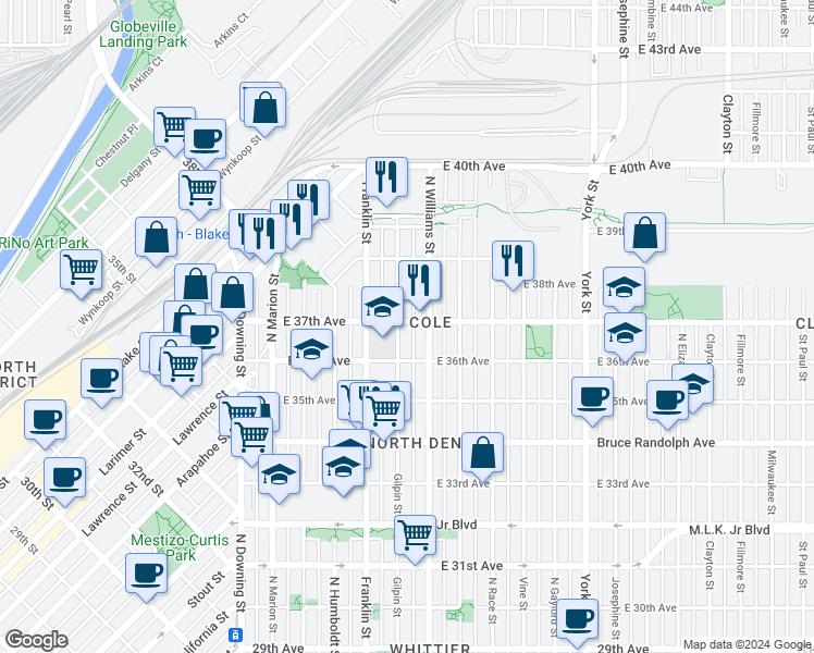 map of restaurants, bars, coffee shops, grocery stores, and more near 1725 East 37th Avenue in Denver