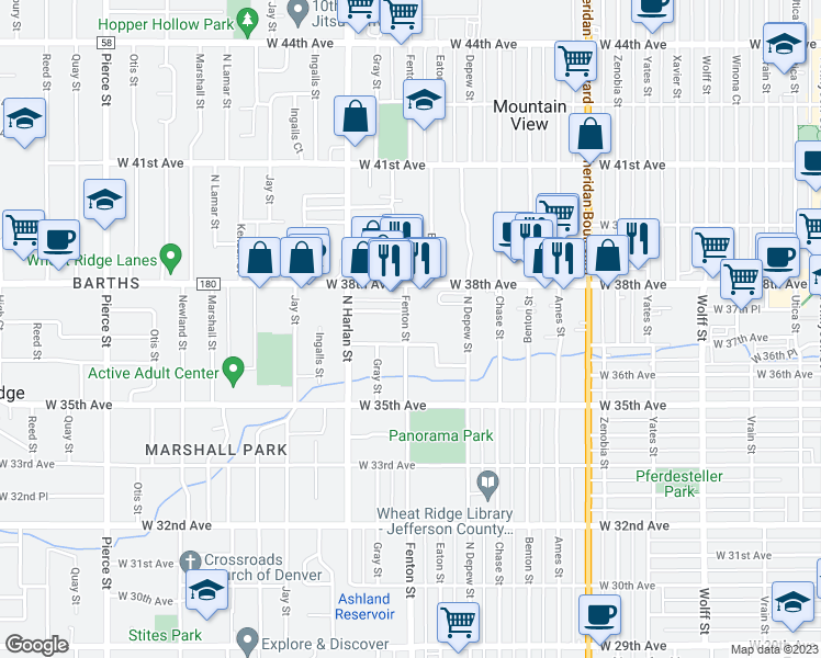 map of restaurants, bars, coffee shops, grocery stores, and more near 3720 Fenton Street in Wheat Ridge