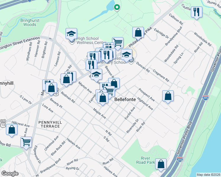 map of restaurants, bars, coffee shops, grocery stores, and more near 1100 Talley Road in Wilmington