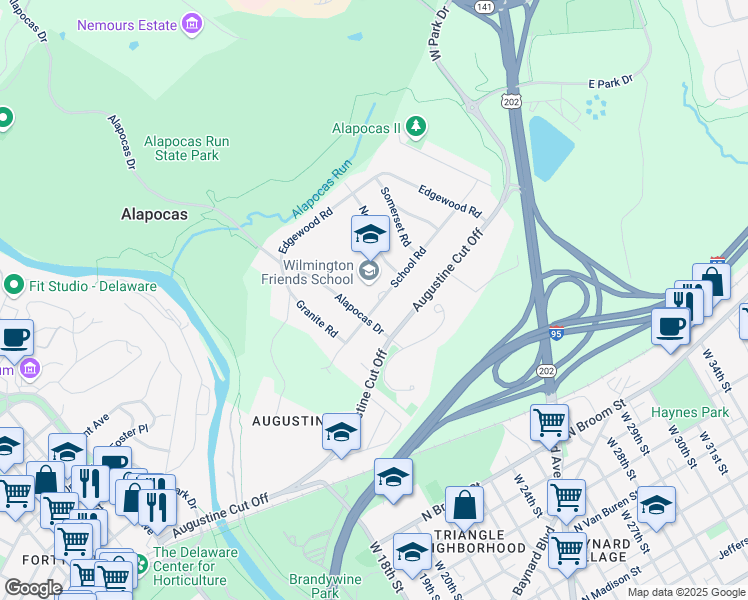 map of restaurants, bars, coffee shops, grocery stores, and more near 102 School Road in Wilmington