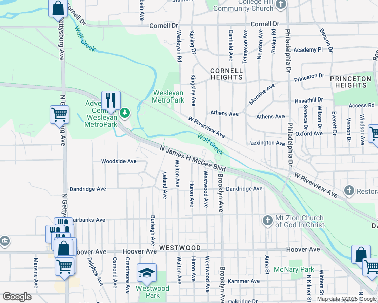 map of restaurants, bars, coffee shops, grocery stores, and more near 1712 North James H McGee Boulevard in Dayton