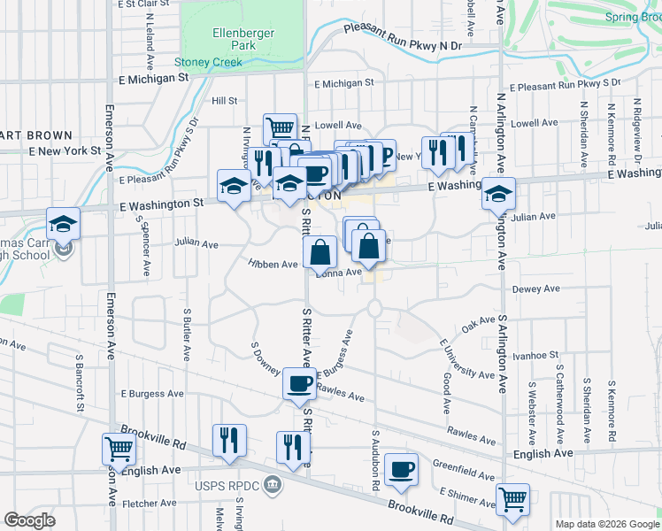 map of restaurants, bars, coffee shops, grocery stores, and more near 139 South Ritter Avenue in Indianapolis
