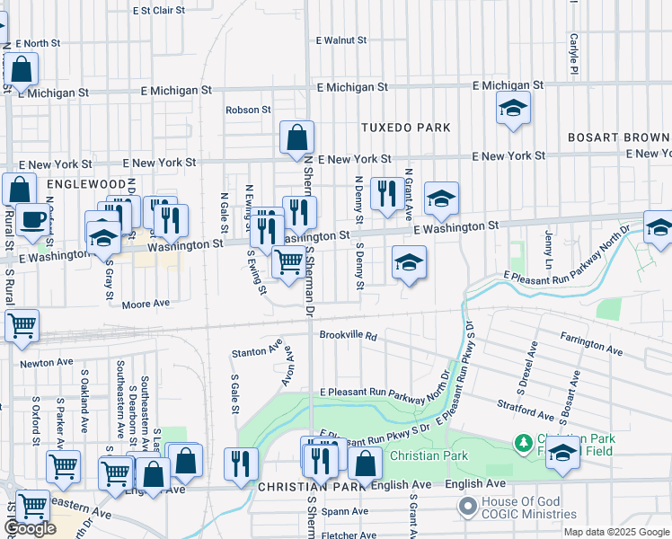 map of restaurants, bars, coffee shops, grocery stores, and more near 35 North Sherman Drive in Indianapolis