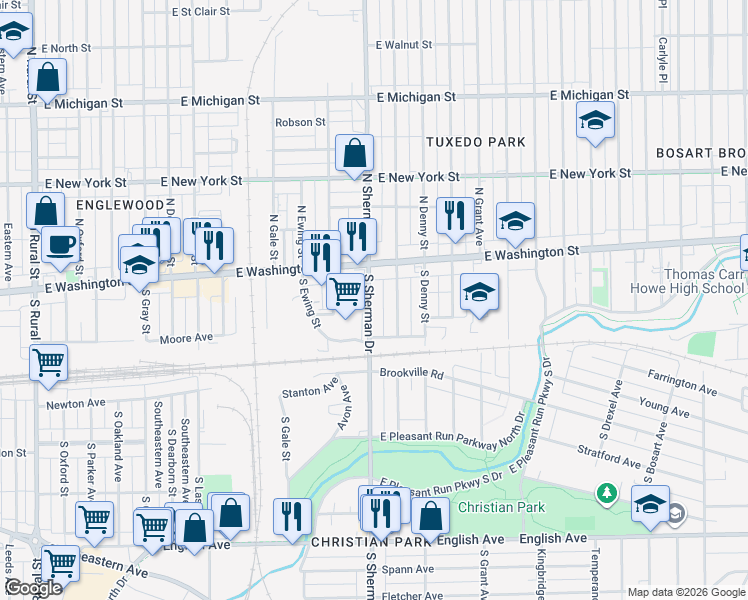 map of restaurants, bars, coffee shops, grocery stores, and more near 35 North Sherman Drive in Indianapolis