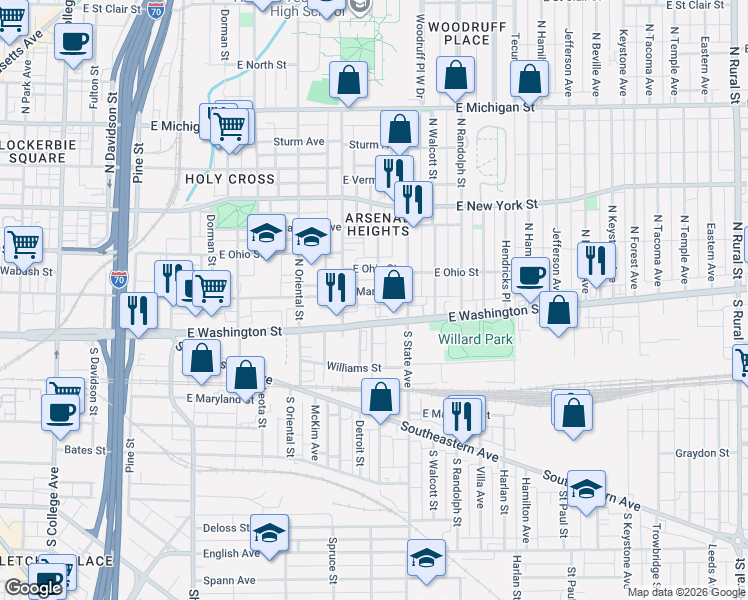 map of restaurants, bars, coffee shops, grocery stores, and more near 1603 East Market Street in Indianapolis