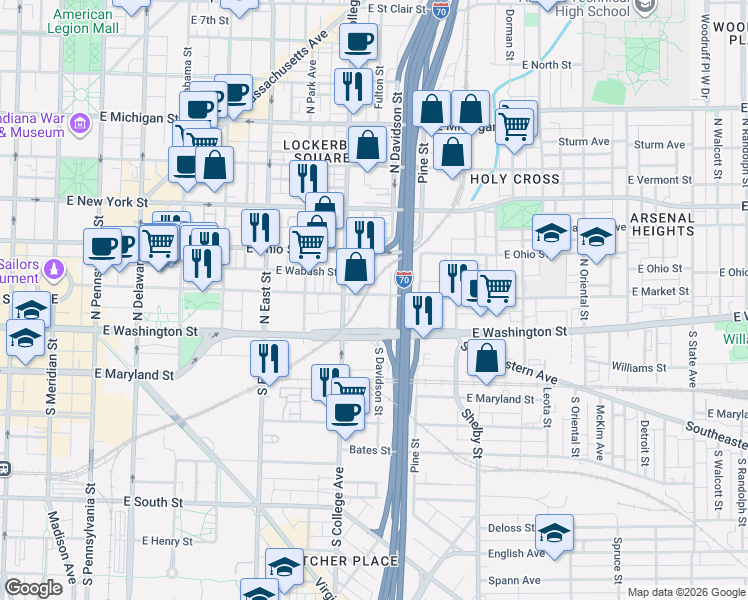 map of restaurants, bars, coffee shops, grocery stores, and more near 705 East Market Street in Indianapolis