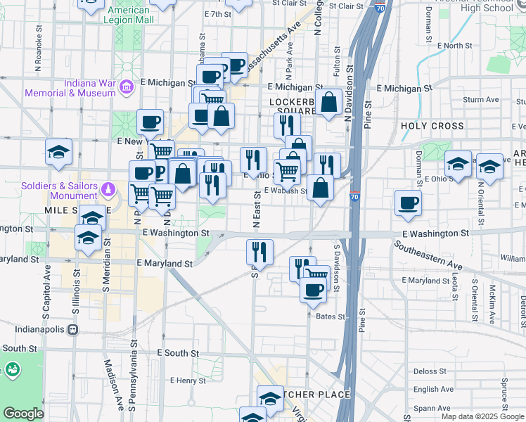 map of restaurants, bars, coffee shops, grocery stores, and more near 531w East Market Street in Indianapolis