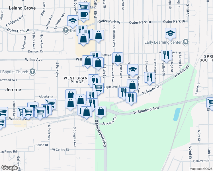 map of restaurants, bars, coffee shops, grocery stores, and more near 2825 South State Street in Springfield