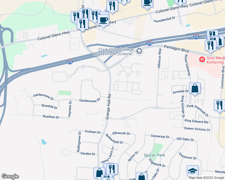 map of restaurants, bars, coffee shops, grocery stores, and more near 2615 Ohio Place in Dayton