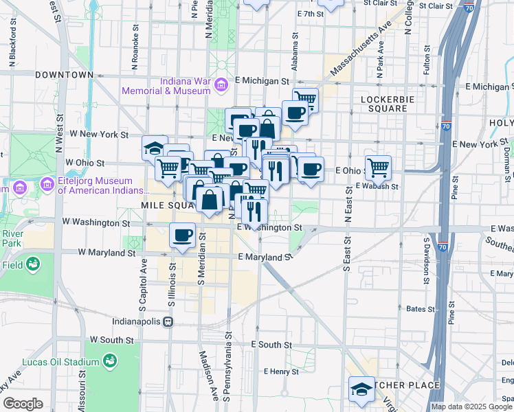 map of restaurants, bars, coffee shops, grocery stores, and more near in Indianapolis