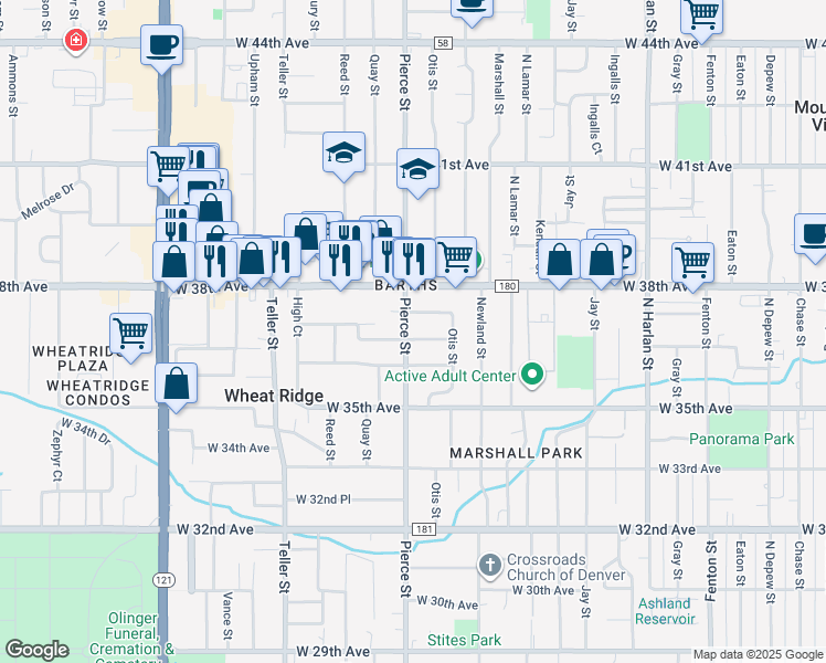 map of restaurants, bars, coffee shops, grocery stores, and more near 3650 Pierce Street in Wheat Ridge