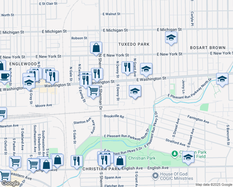 map of restaurants, bars, coffee shops, grocery stores, and more near 44 South Denny Street in Indianapolis