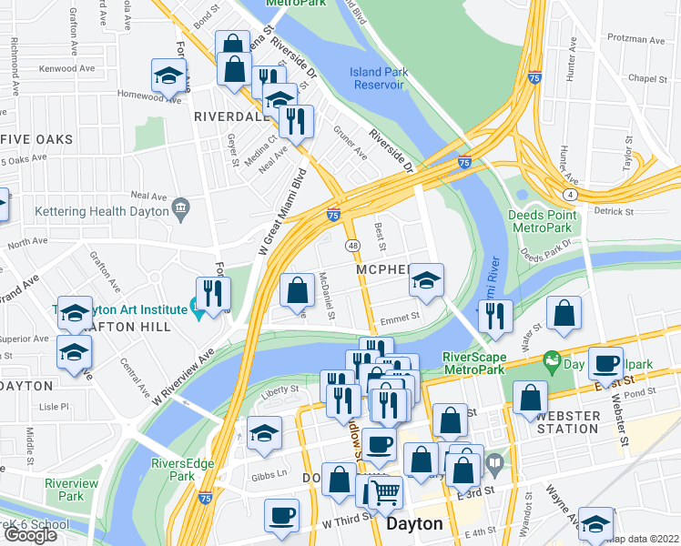map of restaurants, bars, coffee shops, grocery stores, and more near 28 W Babbitt St in Dayton