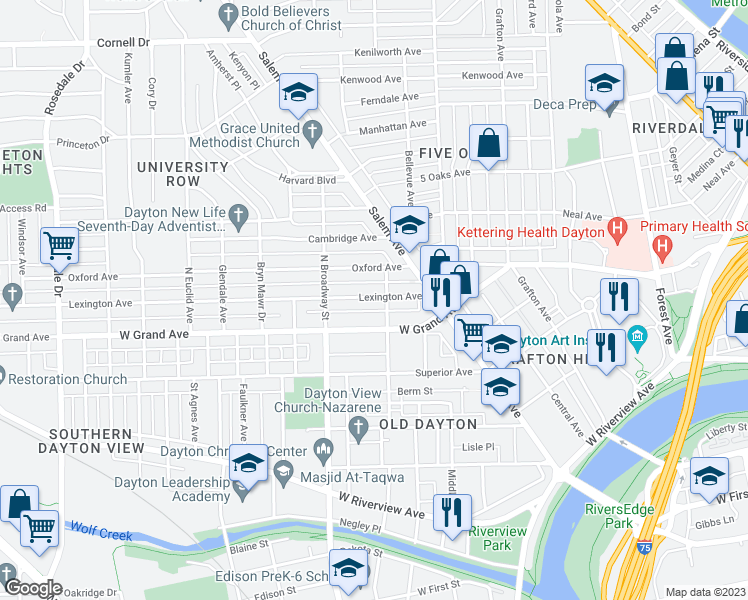 map of restaurants, bars, coffee shops, grocery stores, and more near 112 Lexington Avenue in Dayton