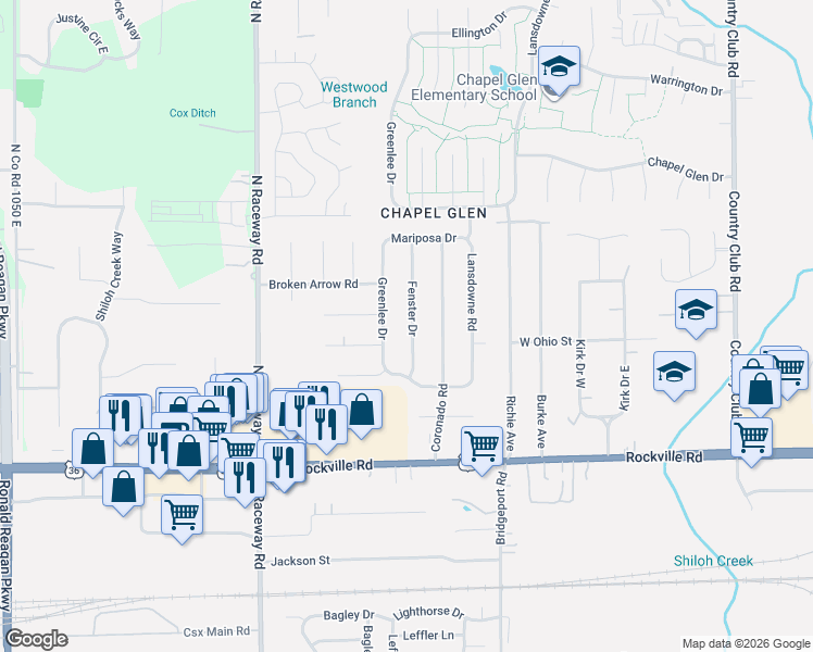 map of restaurants, bars, coffee shops, grocery stores, and more near 223 Fenster Drive in Indianapolis