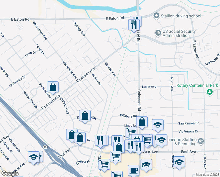 map of restaurants, bars, coffee shops, grocery stores, and more near 62 Tara Terrace in Chico