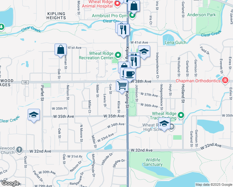 map of restaurants, bars, coffee shops, grocery stores, and more near 3685 Kline Street in Wheat Ridge