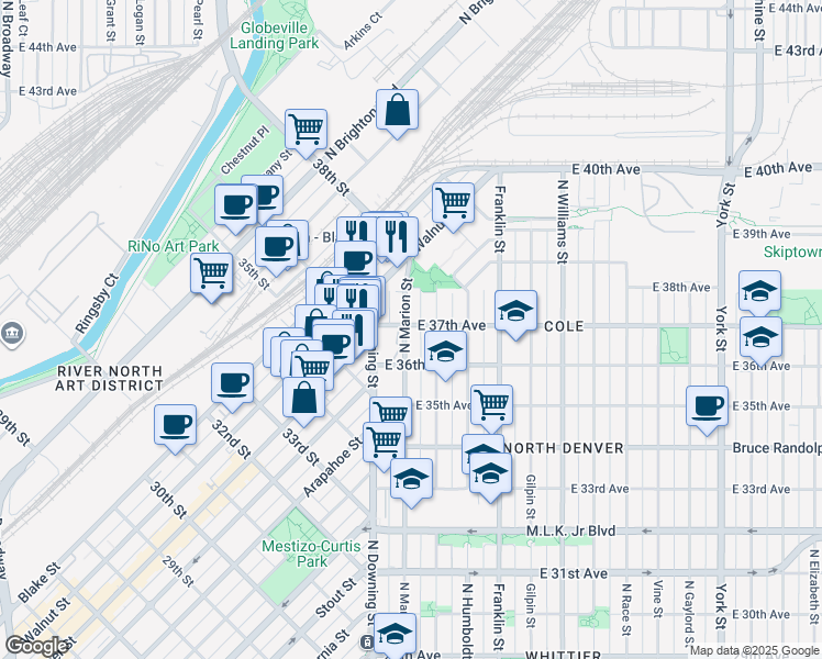 map of restaurants, bars, coffee shops, grocery stores, and more near 3654 North Marion Street in Denver