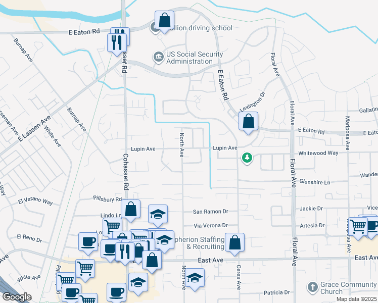map of restaurants, bars, coffee shops, grocery stores, and more near 1011 Lupin Avenue in Chico