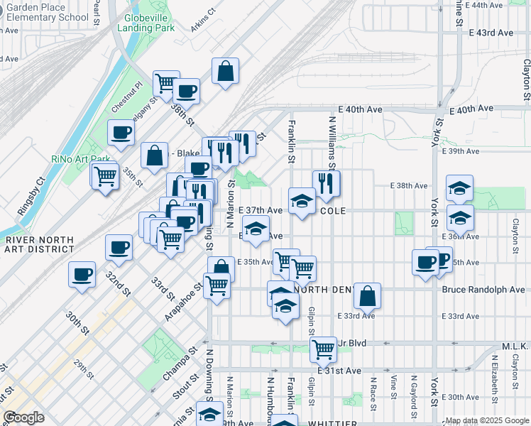 map of restaurants, bars, coffee shops, grocery stores, and more near 3663 Humboldt Street in Denver