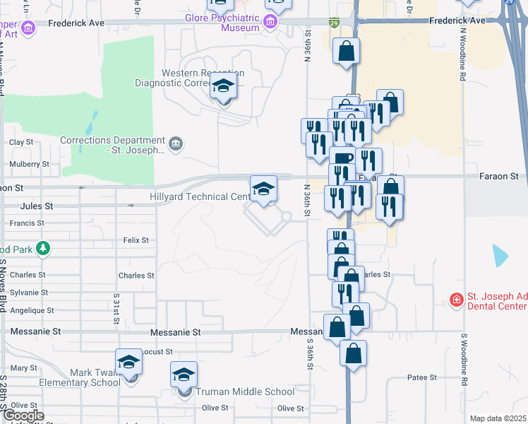 map of restaurants, bars, coffee shops, grocery stores, and more near 3434 Faraon Street in Saint Joseph