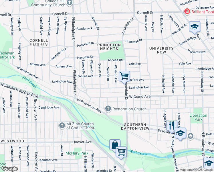 map of restaurants, bars, coffee shops, grocery stores, and more near 1001 Lexington Avenue in Dayton