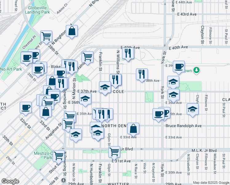 map of restaurants, bars, coffee shops, grocery stores, and more near 1725 East 37th Avenue in Denver