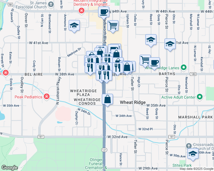 map of restaurants, bars, coffee shops, grocery stores, and more near 3660 Wadsworth Boulevard in Wheat Ridge