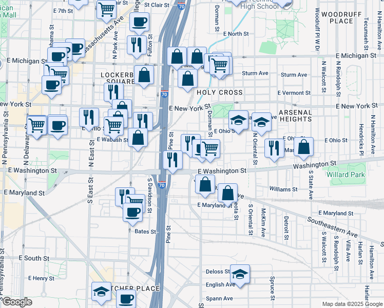 map of restaurants, bars, coffee shops, grocery stores, and more near 1021 East Market Street in Indianapolis