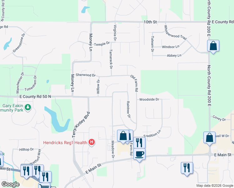 map of restaurants, bars, coffee shops, grocery stores, and more near 547 Meadow Drive in Danville