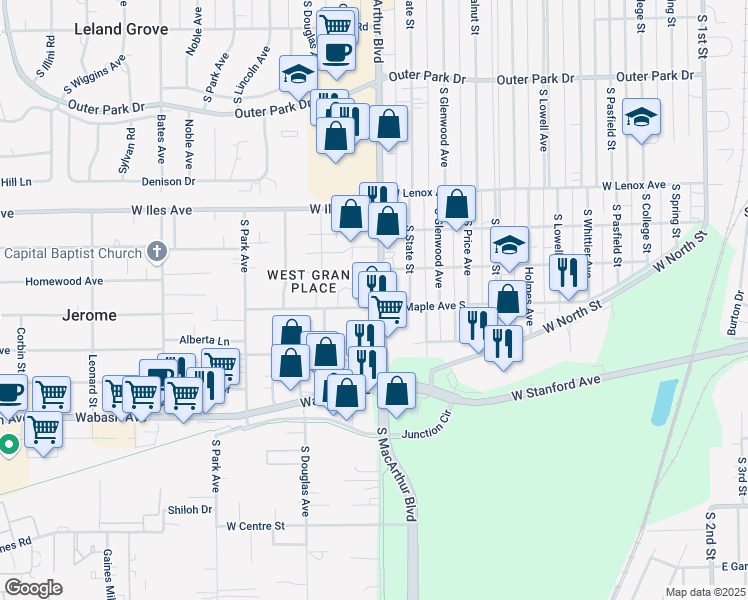 map of restaurants, bars, coffee shops, grocery stores, and more near 2881 South MacArthur Boulevard in Springfield