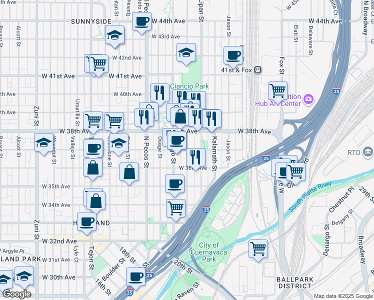 map of restaurants, bars, coffee shops, grocery stores, and more near West 37th Avenue & Mariposa Street in Denver