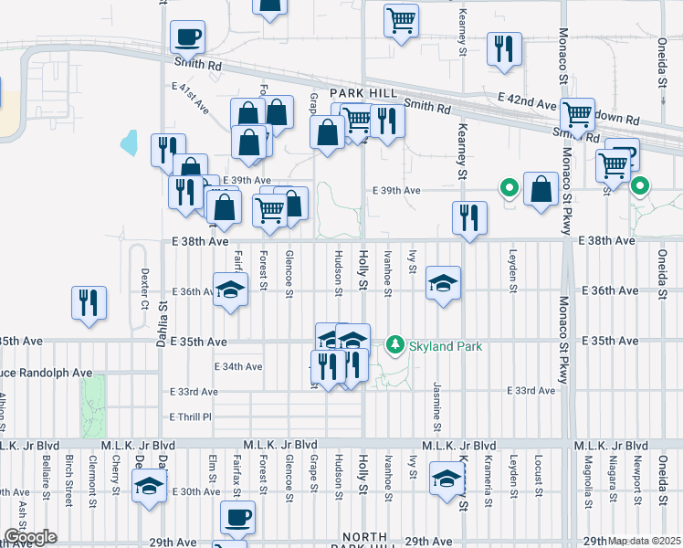 map of restaurants, bars, coffee shops, grocery stores, and more near 3630 Hudson Street in Denver