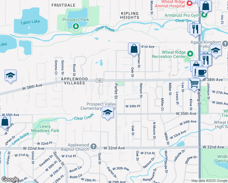 map of restaurants, bars, coffee shops, grocery stores, and more near 3651 Parfet Street in Wheat Ridge