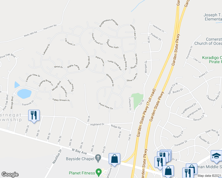 map of restaurants, bars, coffee shops, grocery stores, and more near 1 Pond View Circle in Barnegat Township