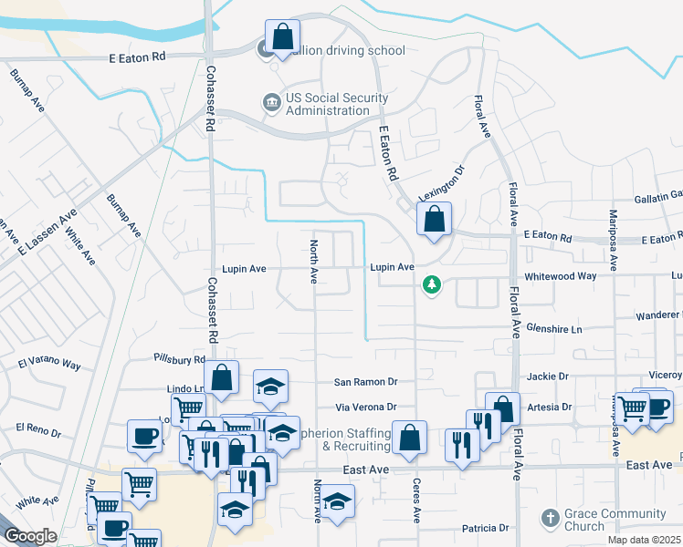 map of restaurants, bars, coffee shops, grocery stores, and more near 2 River Oaks Drive in Chico