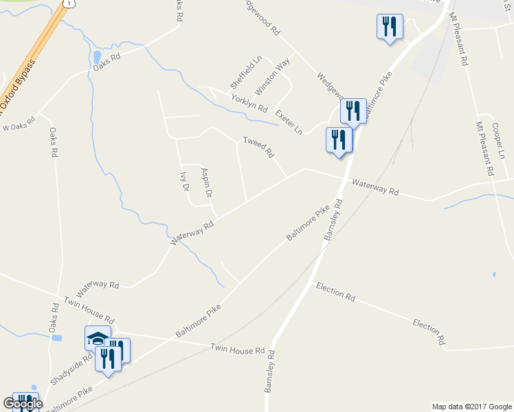 map of restaurants, bars, coffee shops, grocery stores, and more near 258 Waterway Road in Oxford