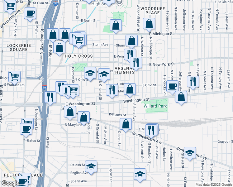 map of restaurants, bars, coffee shops, grocery stores, and more near 29 N Arsenal Ave in Indianapolis